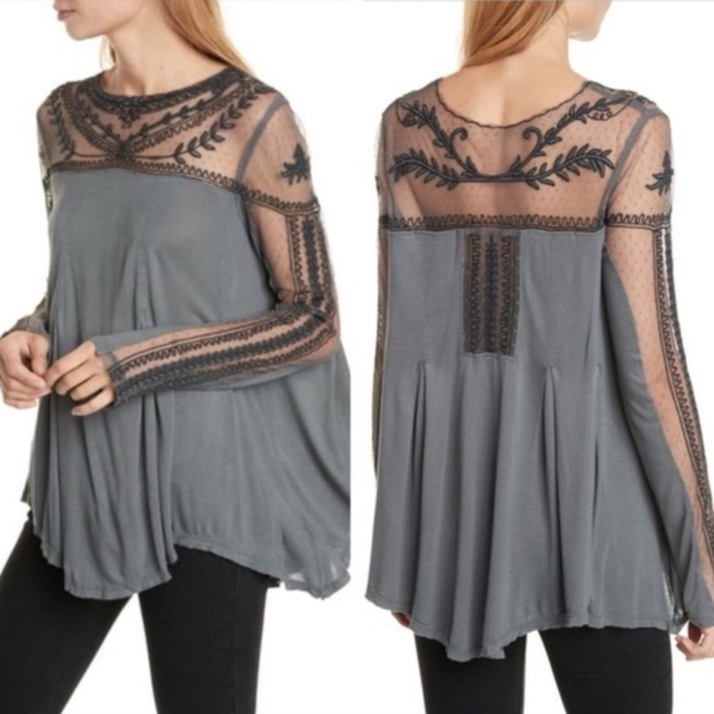 Free People Embroidered Long Sleeve Top - Gray Black Mesh Size M